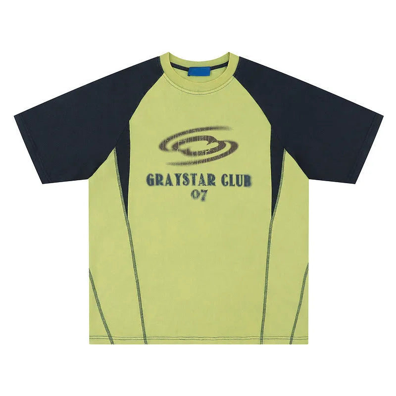 Men's blue hip hop letter print T-shirt with raglan sleeves, laid flat.