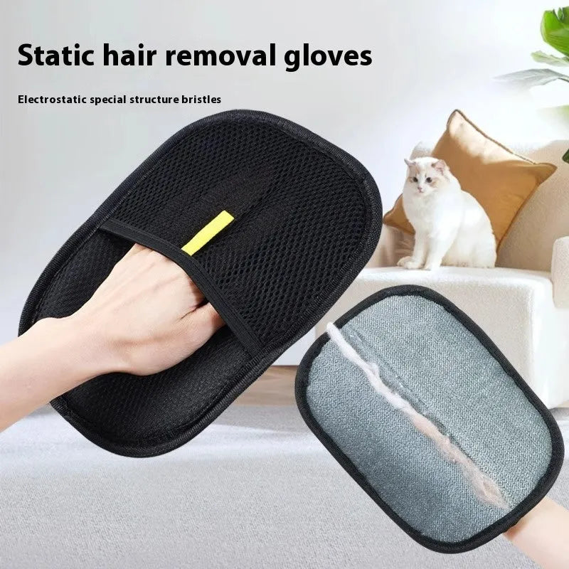 Black pet hair removal glove with silicone bristles for grooming dogs, cats, and rabbits.