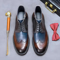 Men's curry blue and coffee blue cowhide leather brogue boots with round toe and front lacing