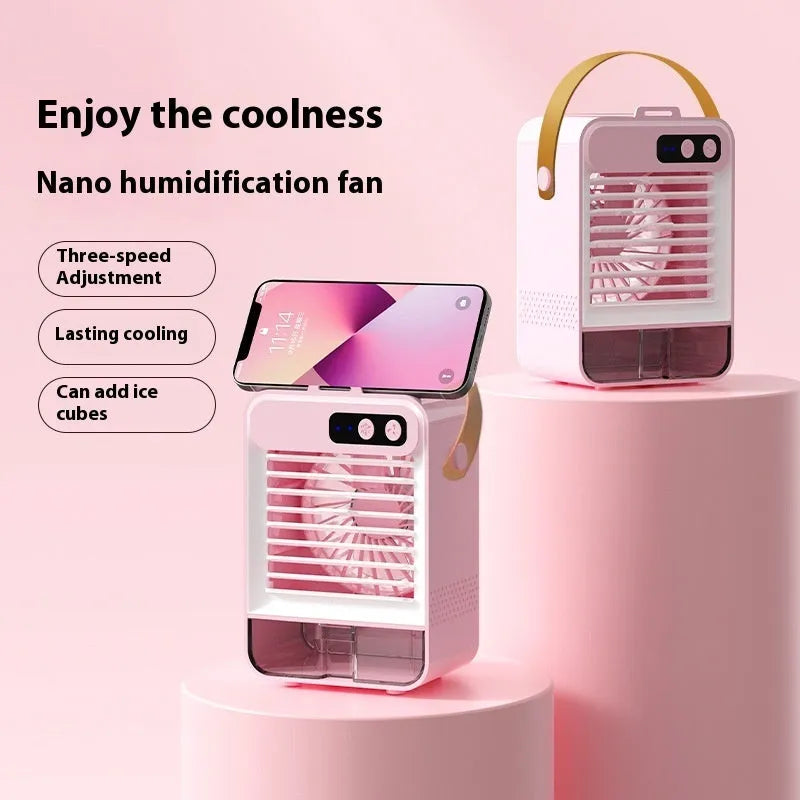 Dark green and ivory white desktop air humidifier with 5-blade fan and USB port measuring 19x12.5x10cm