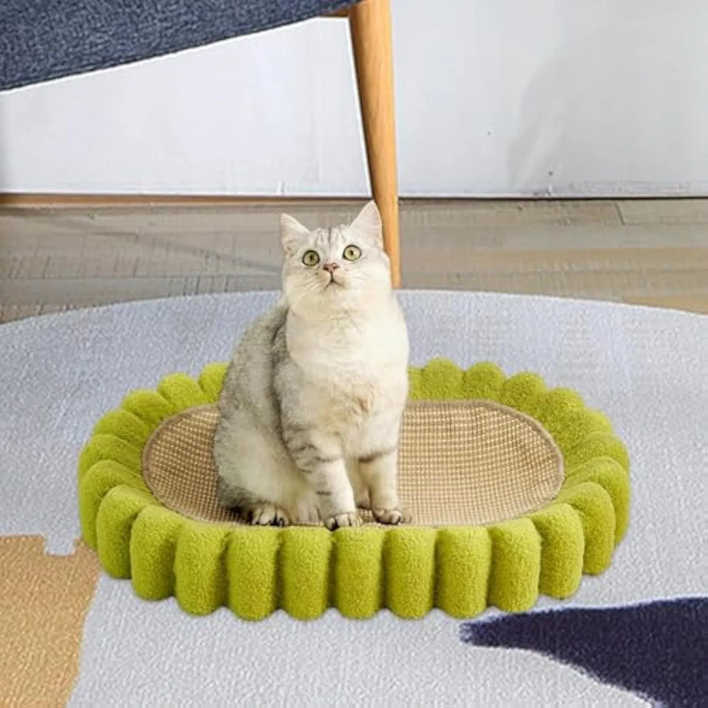 Green oval sisal cat scratch pad showing scratching surface and bowl-shaped lounging area