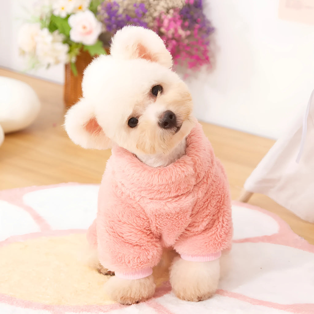 Four-legged dog clothing with double-sided plush fleece, high collar, and towing ring in blue colour