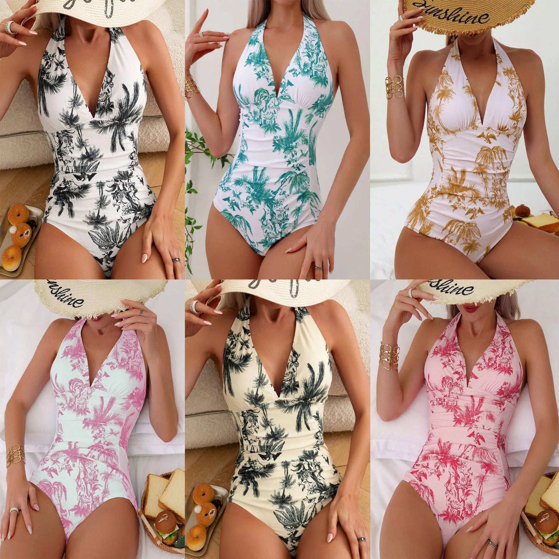 Women's printed V-neck one-piece swimsuit in polyester with lining
