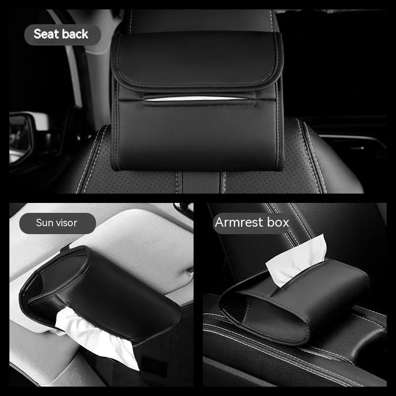 Leather car tissue box holder with elastic band for seat back installation in vehicle