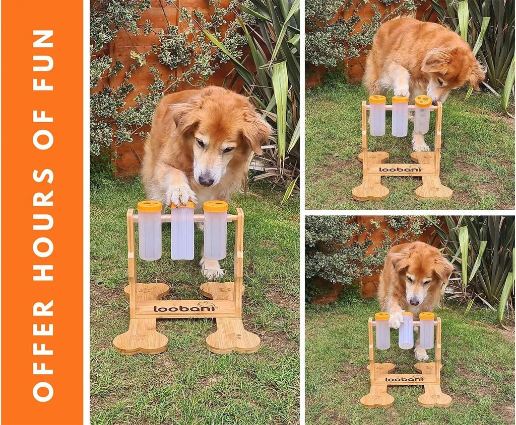 Natural wood colour dog puzzle feeder toy measuring 31cm long by 30cm wide by 20cm high