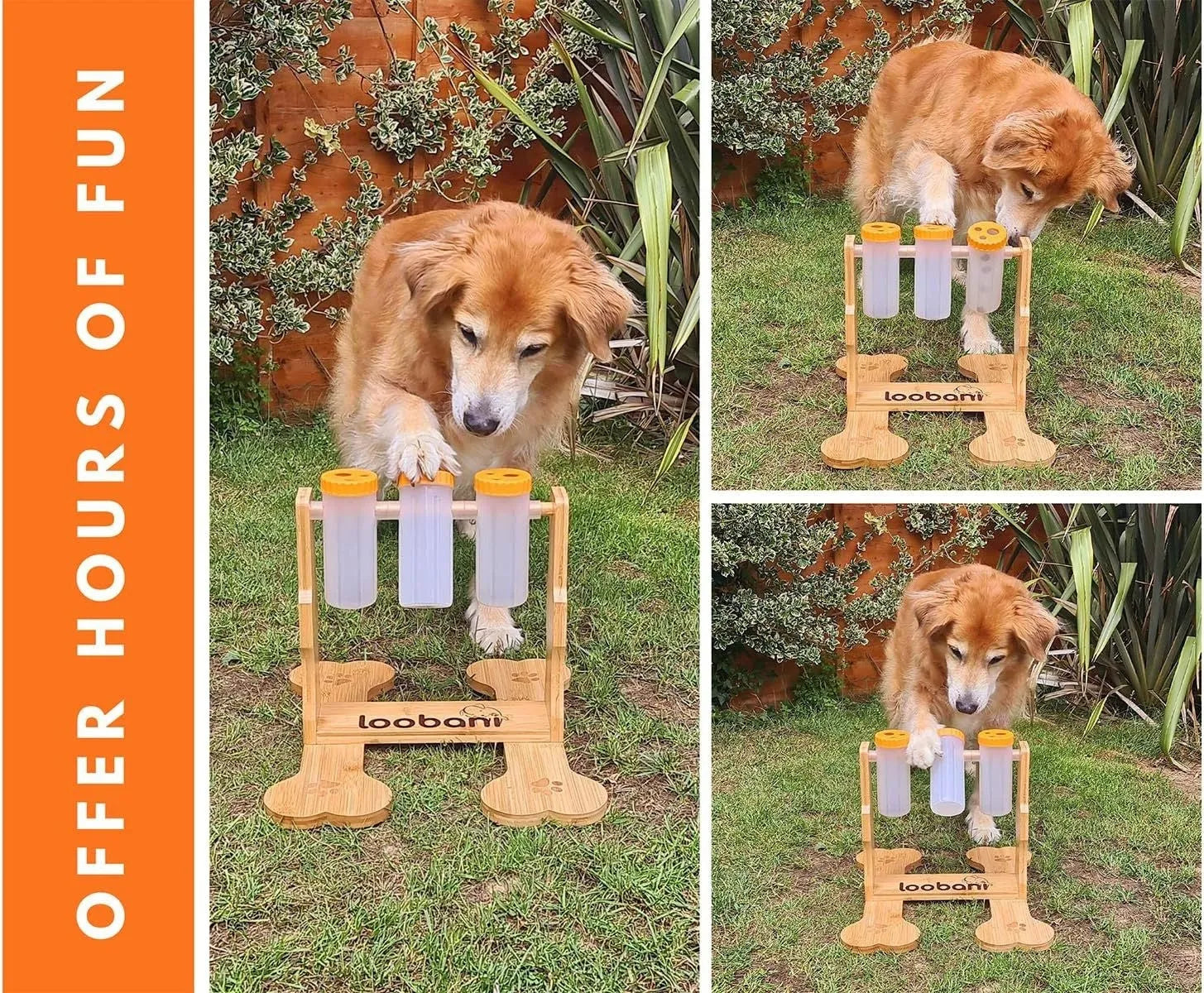 Natural wood colour dog puzzle feeder toy measuring 31cm long by 30cm wide by 20cm high