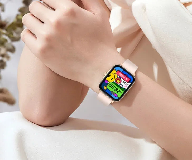 Black smart watch with 1.7-inch colour touch screen on adjustable silicone strap