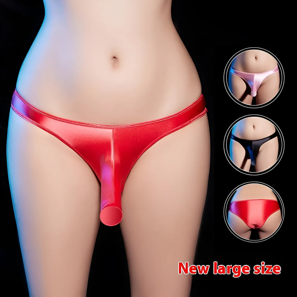 Men's T-back low waist underwear in shiny nylon showing black, white, red, pink and dark grey colour options