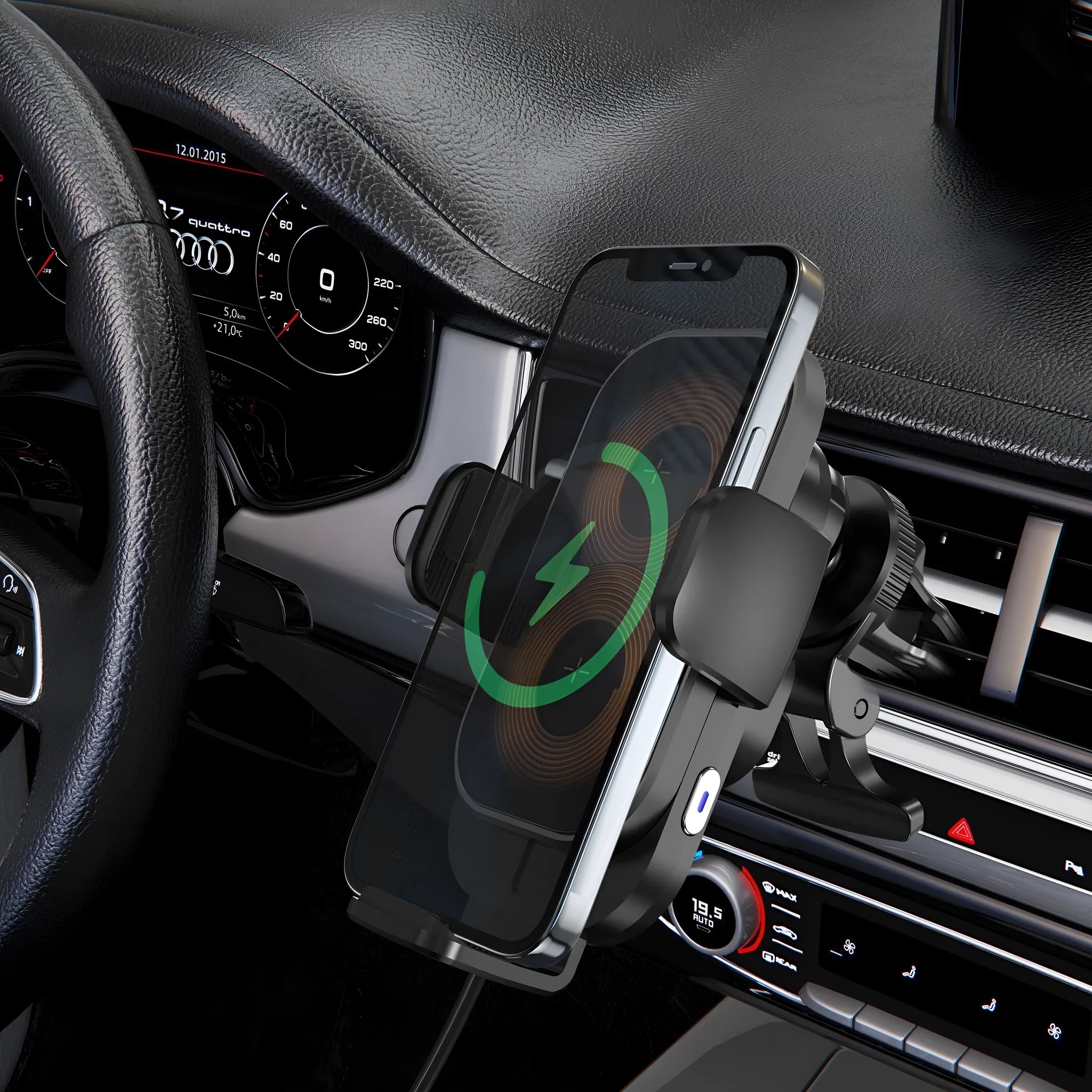 Black folding car wireless charger on dashboard with suction cup bracket