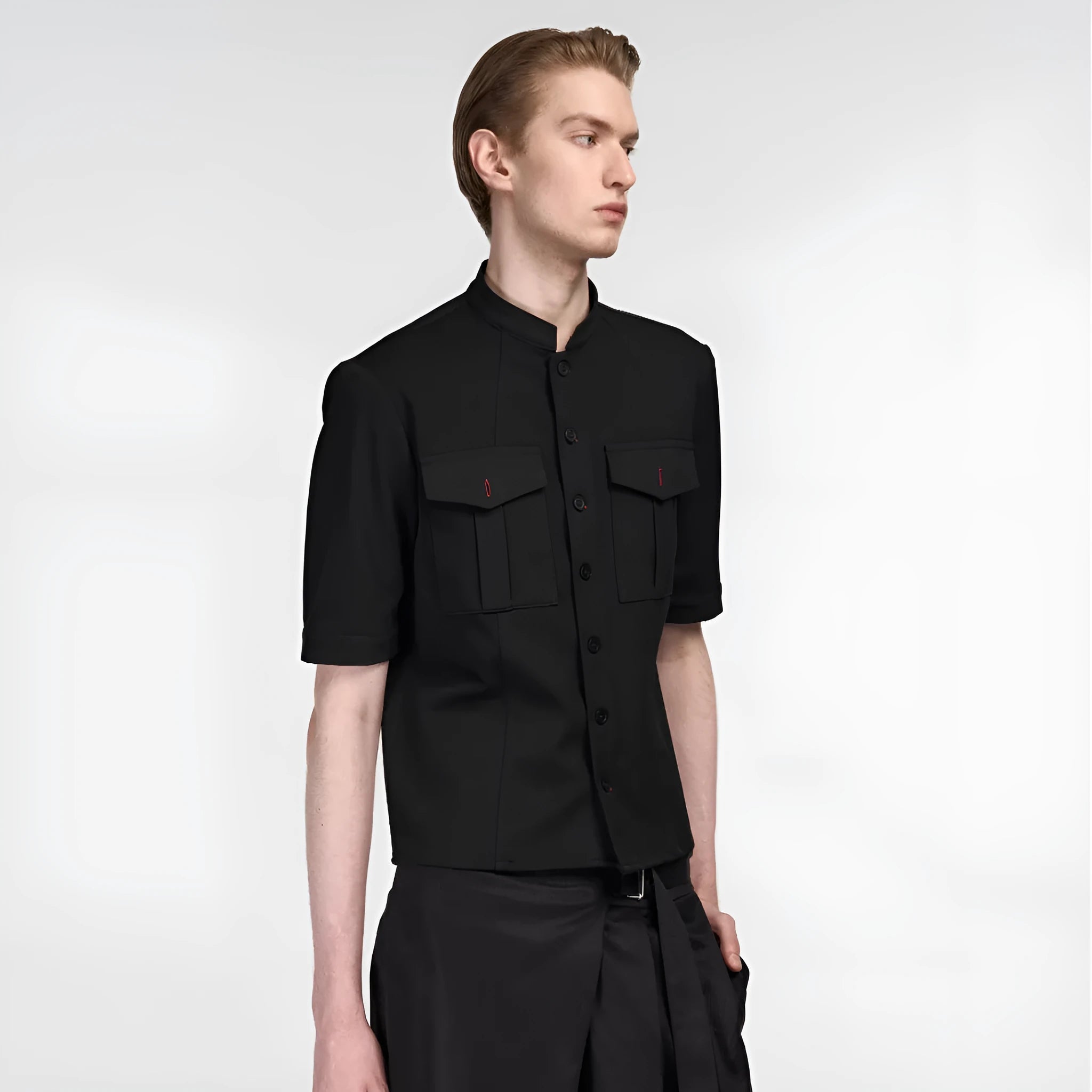 Black handmade hunting shirt with half sleeves, shirt collar, and single-breasted placket