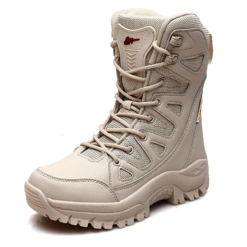 Men's beige cowhide hi-top hiking shoes with a platform sole on a rocky outdoor background.