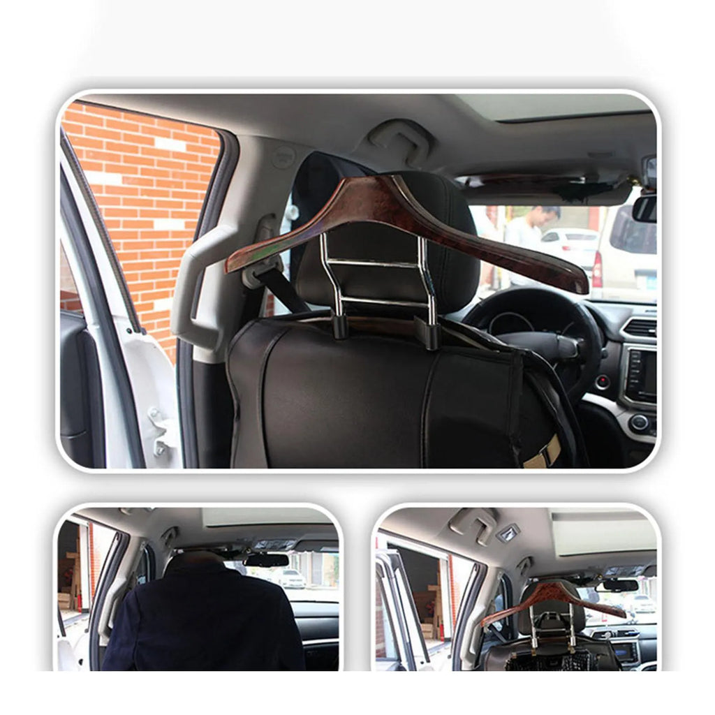 Wood yellow stainless steel car clothes hanger with detachable hook on white background.