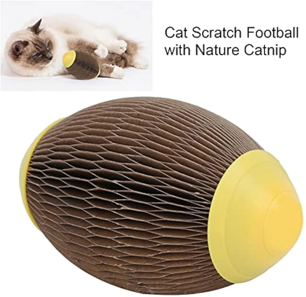 Ellipse-shaped grey corrugated cardboard catnip football toy with a scratch surface.