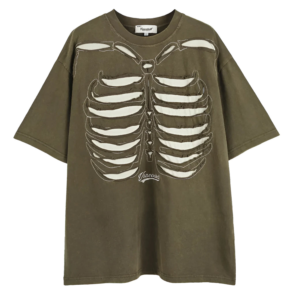 Dark high street style brown t-shirt with large skull graphic print and loose drop-shoulder sleeves.