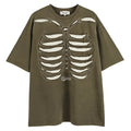 Dark high street style brown t-shirt with large skull graphic print and loose drop-shoulder sleeves.