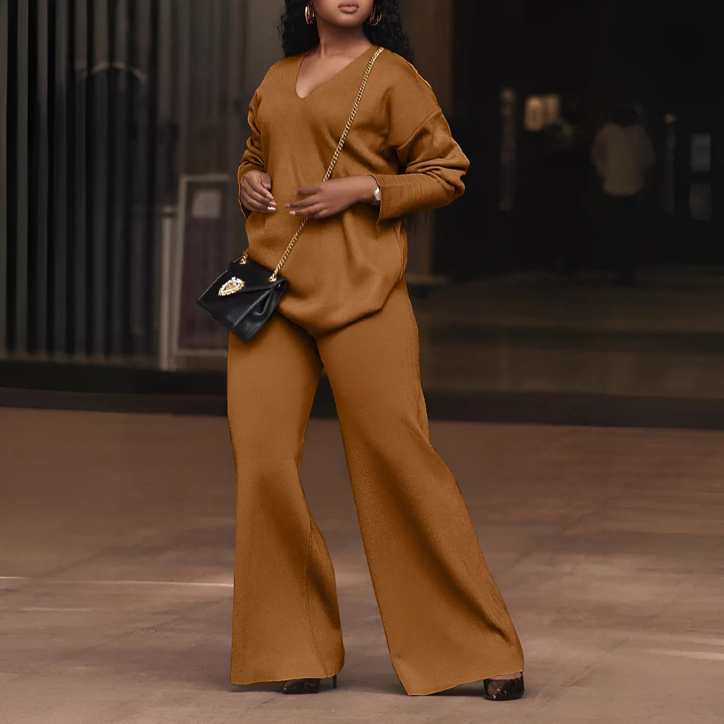 Women's brown thickened suede two-piece suit with split sleeve design and matching trousers