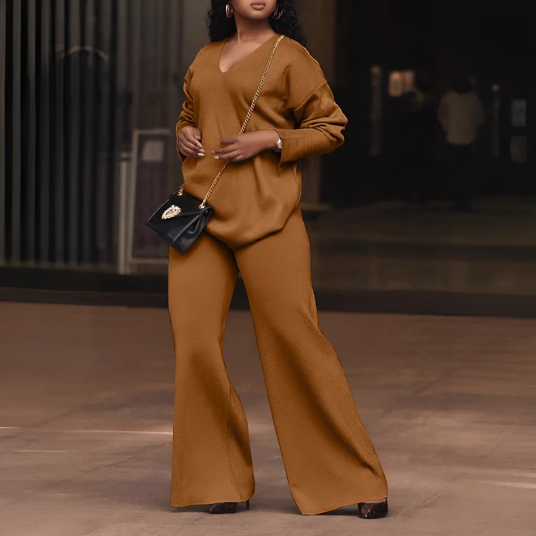 Women's brown thickened suede two-piece suit with split sleeve design and matching trousers