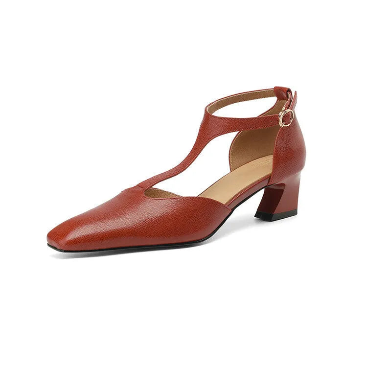 Wine red sheepskin leather square toe chunky heel shoes with buckle closure