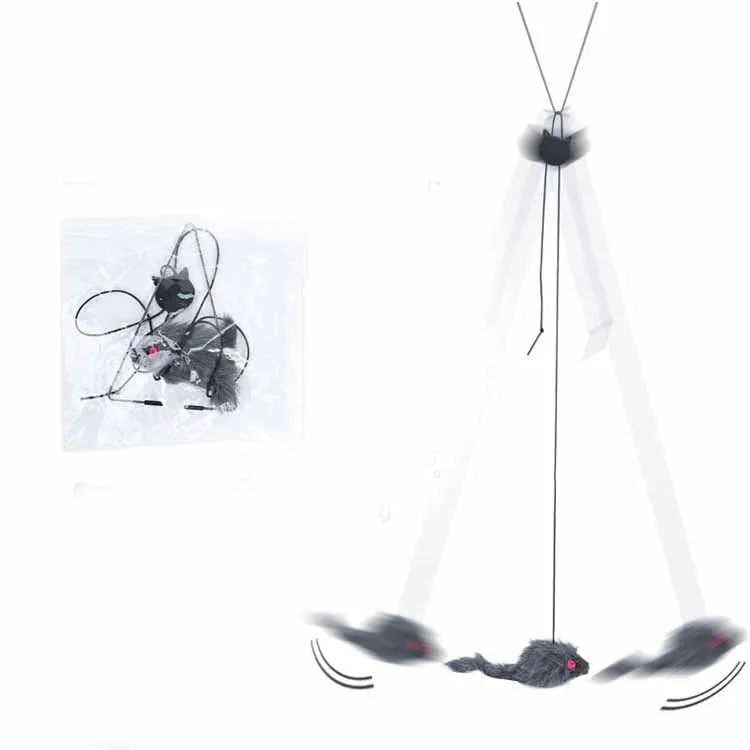 Pet telescopic hanging door cat toy with grey mouse shape on elastic rope approximately 1.8 metres long, with triangle hook and adjustable buckle