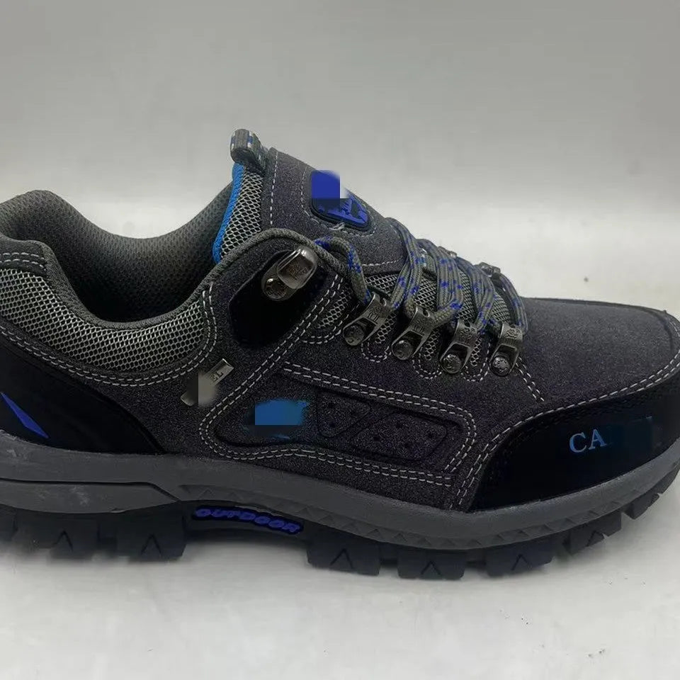 Men's outdoor hiking shoes with non-slip rubber sole, synthetic leather upper, lace-up closure, in Black and Red colour