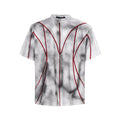 Men's grey T-shirt with padded shoulders and raised line patchwork detailing on the front.