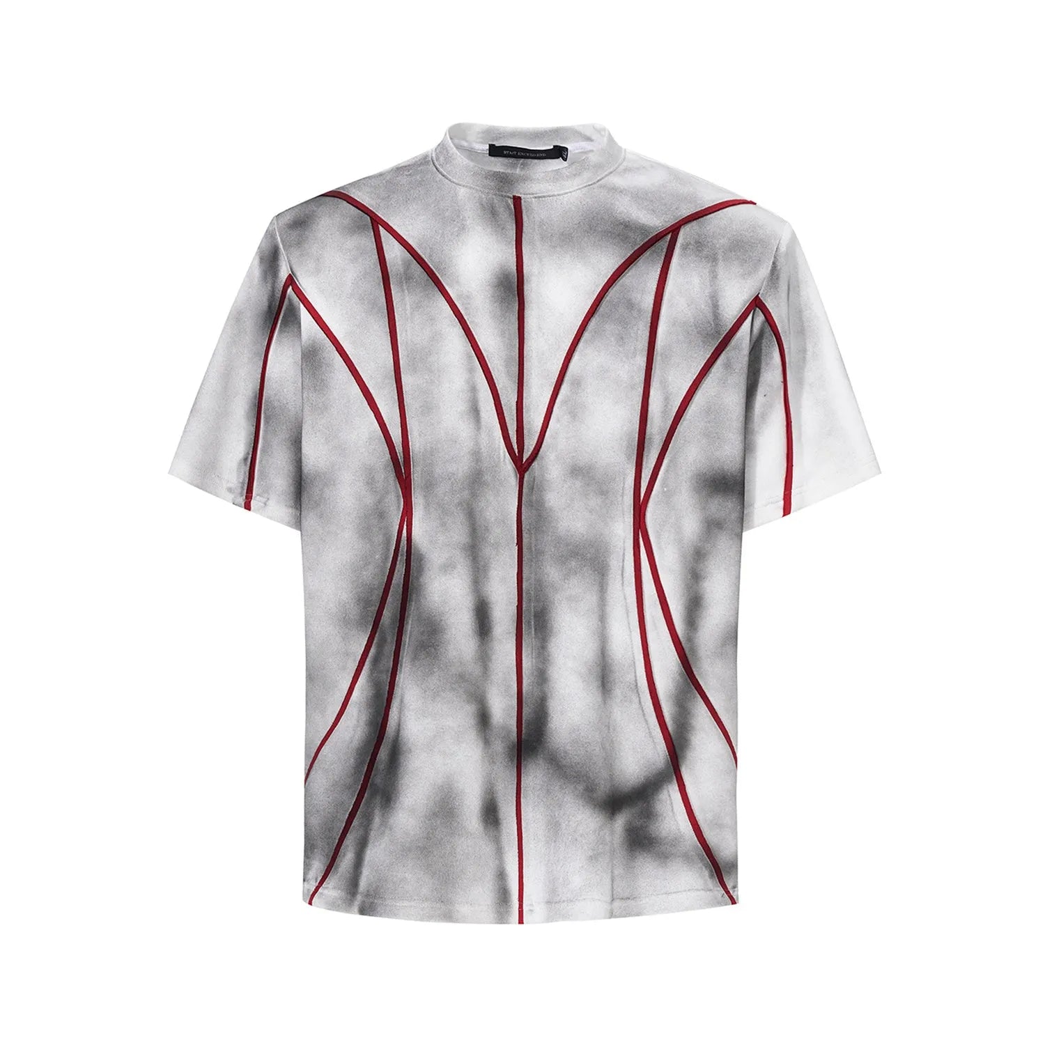 Men's grey T-shirt with padded shoulders and raised line patchwork detailing on the front.