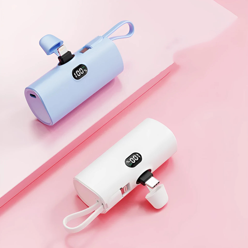 Capsule-shaped digital display wireless power bank with integrated plug in five colour options