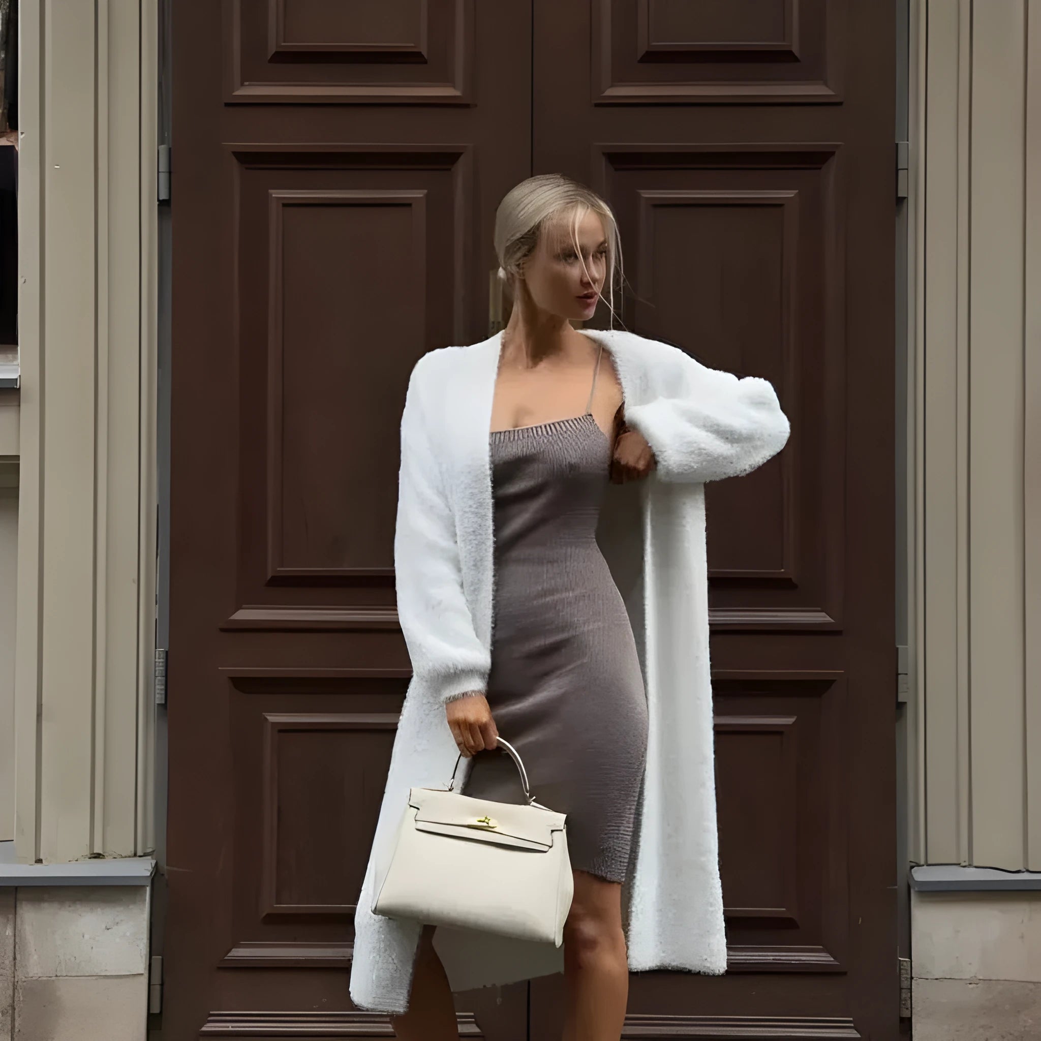 White long-line knit cardigan jacket on a hanger, showing loose fit and long sleeves.