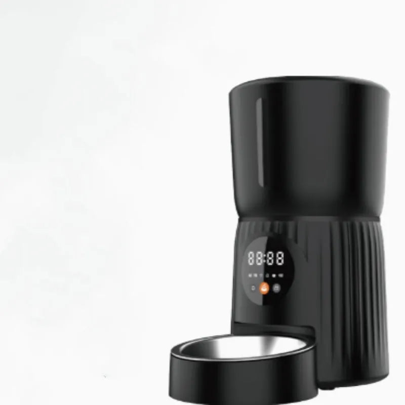 Black and white automatic intelligent pet feeder with digital display and food bowl.
