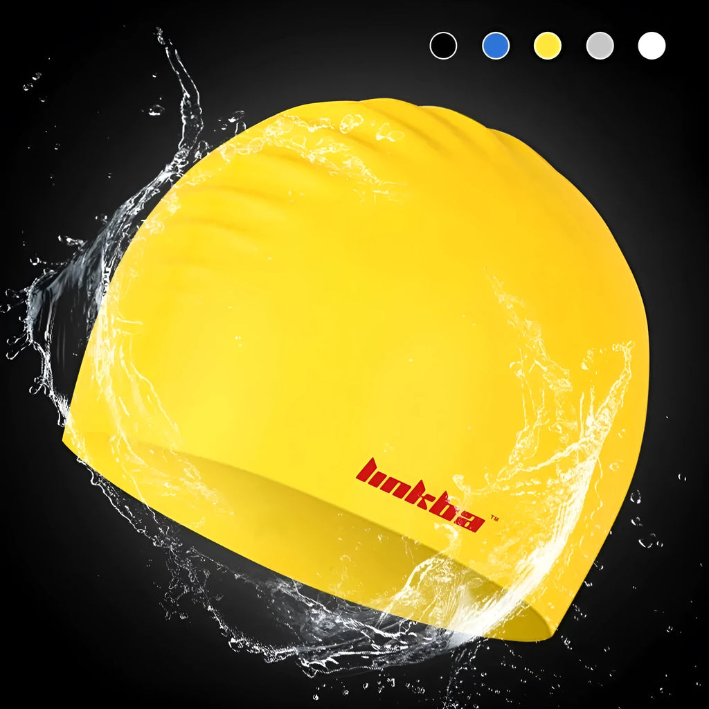 Silicone swimming cap with earmuff design for ear protection, shown in various colours