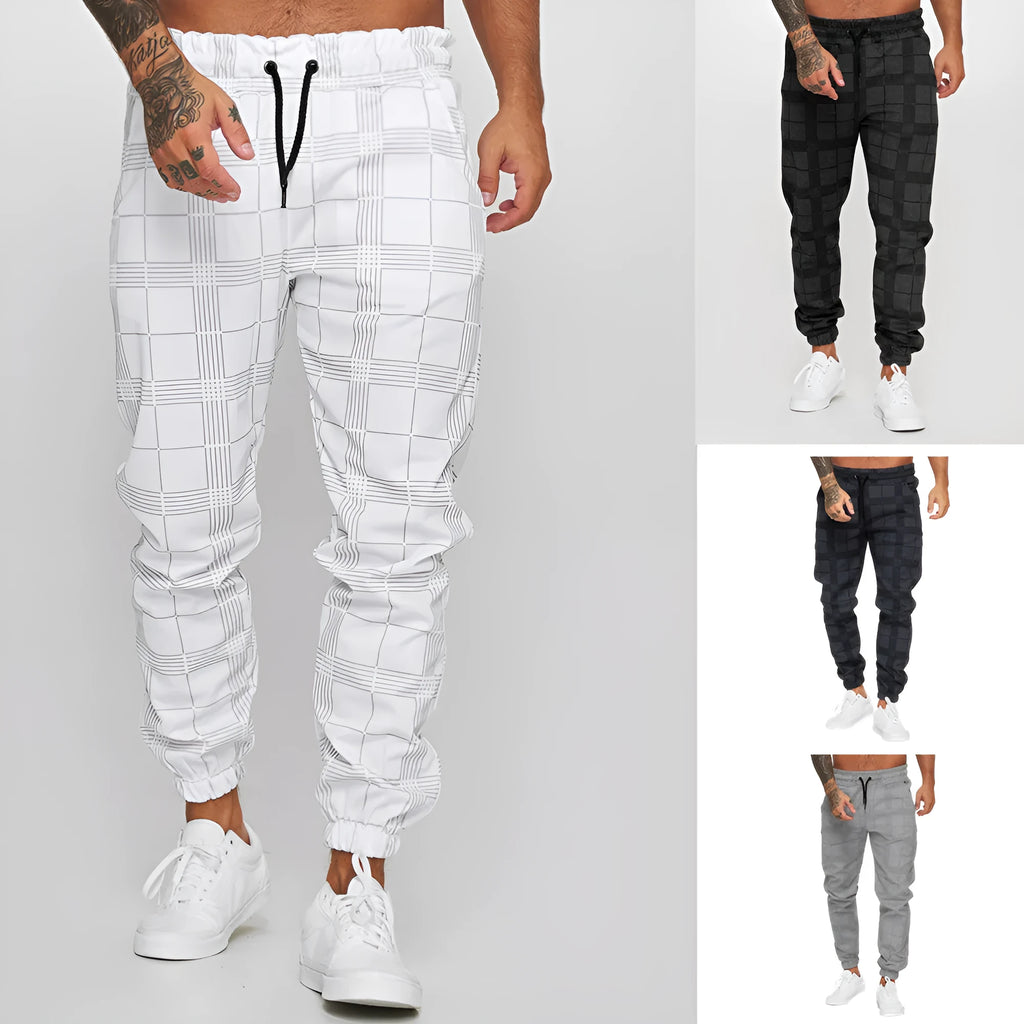 Checkered 3D digital print casual cotton trousers for men in dark grey, tapered fit, mid-waist