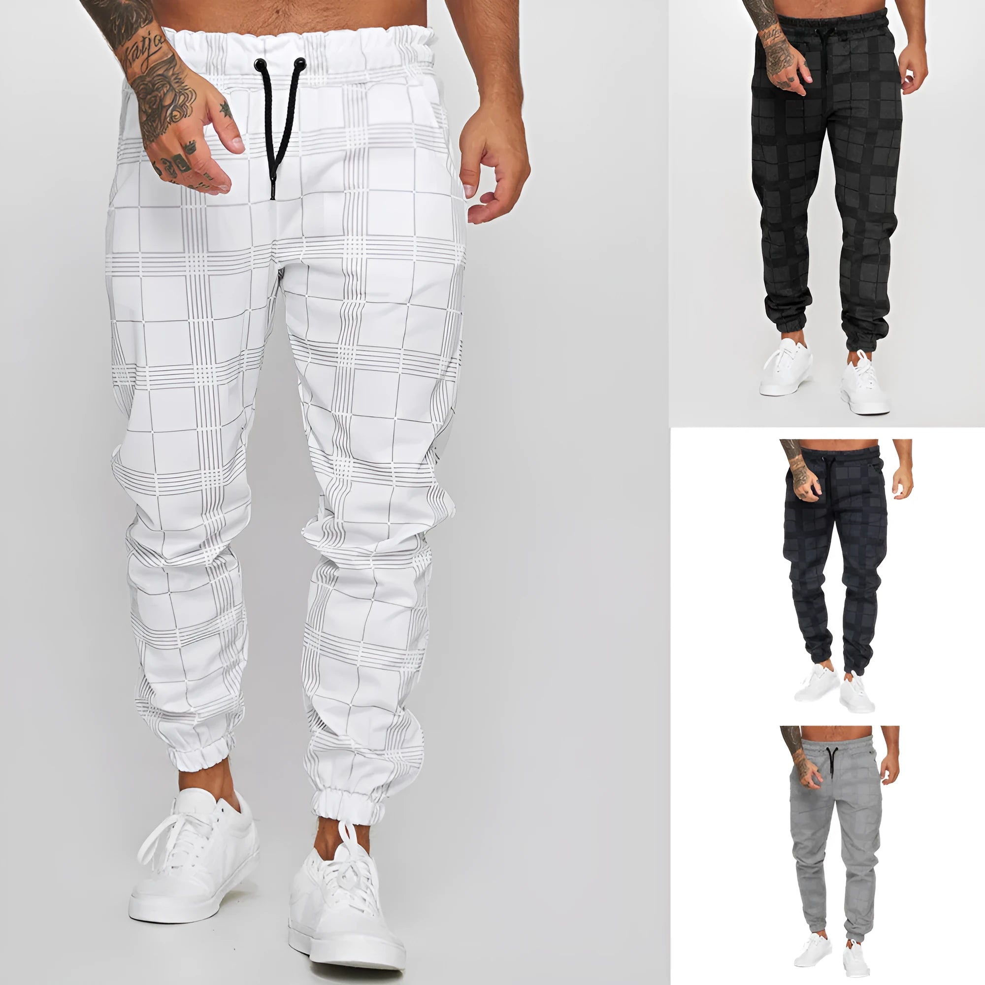 Checkered 3D digital print casual cotton trousers for men in dark grey, tapered fit, mid-waist
