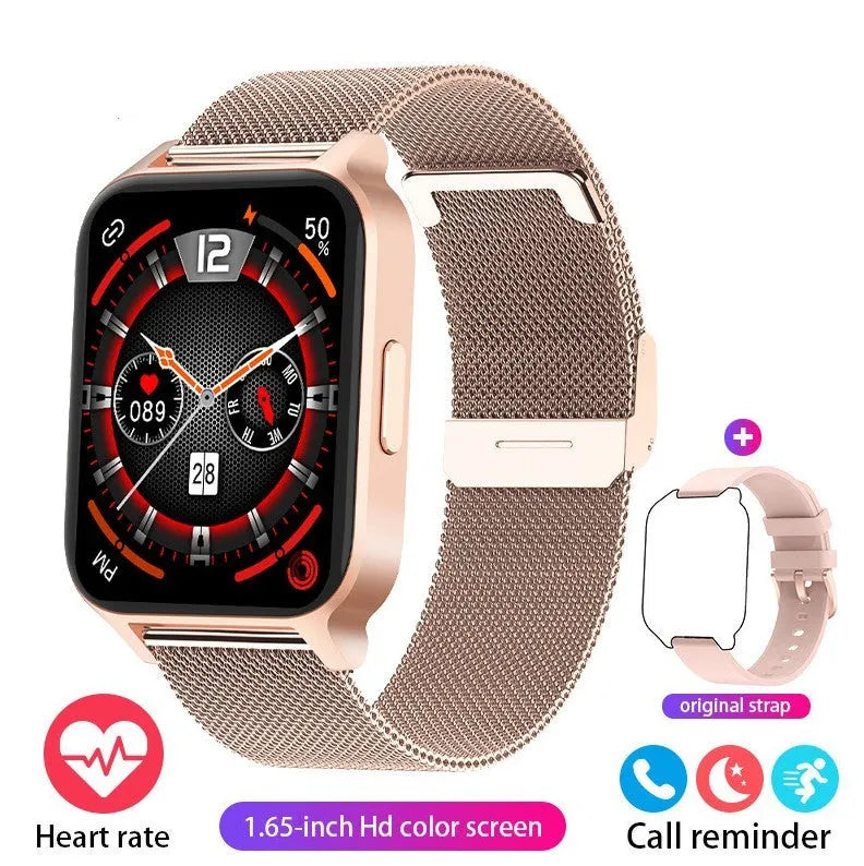 Smart colour screen health detection watch with black mesh strap showing heart rate and blood oxygen data.