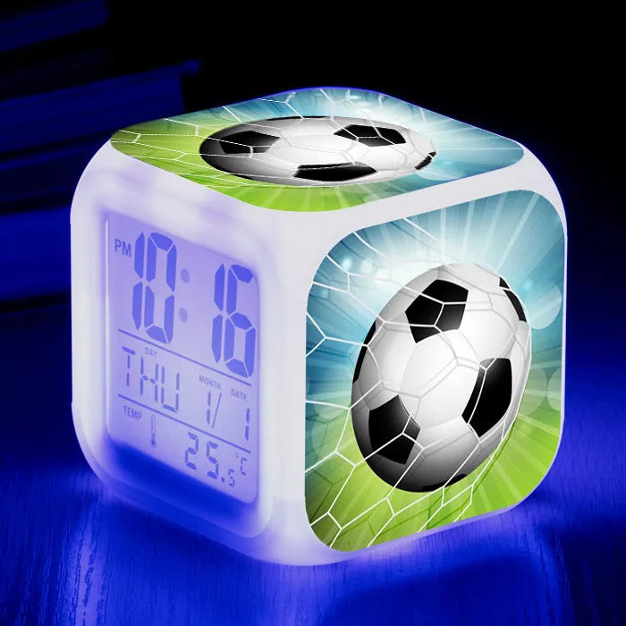 Football pattern mute alarm clock with cartoon design in square plastic case