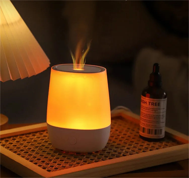 White USB aroma diffuser with simulated flame effect showing dimensions and Type-C connection