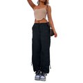 Men's loose-fit multi-pocket cargo casual trousers in polyester fabric on a hanger.