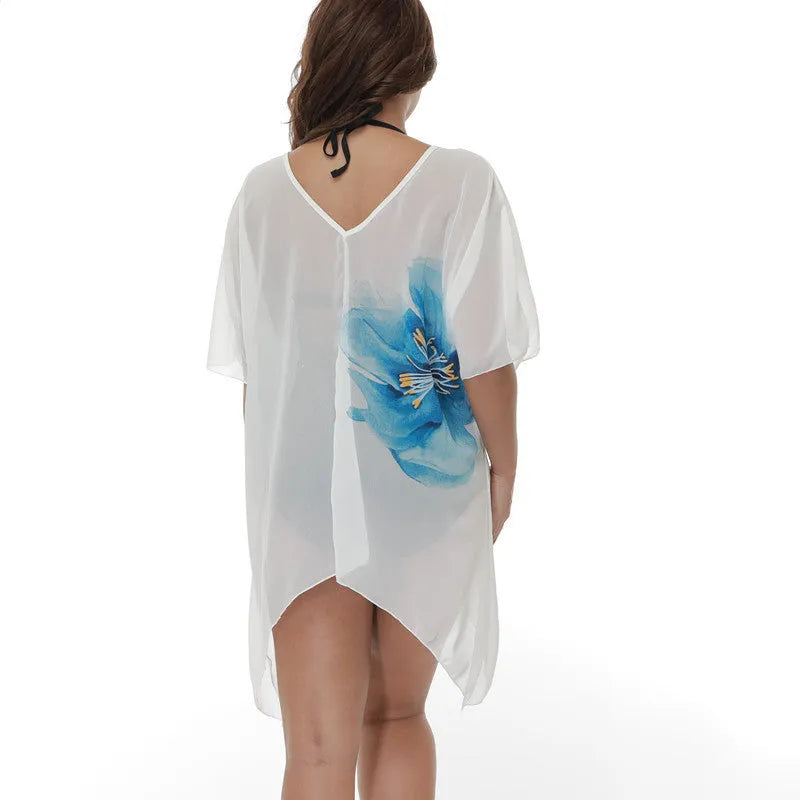 White plus size beach cover-up blouse loose fitting for swimming sun protection