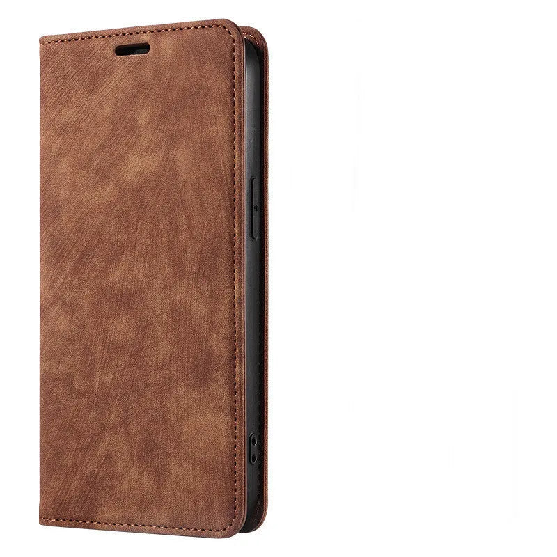 Genuine leather magnetic flip phone case for iPhone showing closed position with magnetic closure