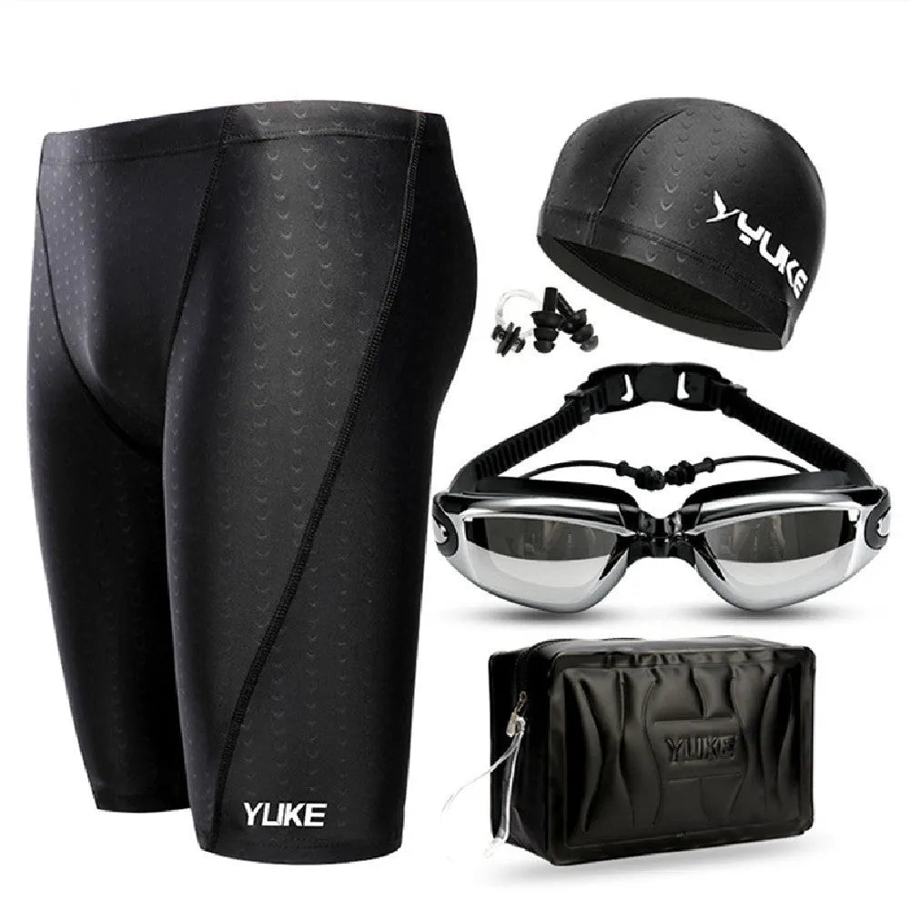 Men's black five-piece swimming set with trunks, goggles, waterproof cap, earplugs, nose clip, and carry bag.