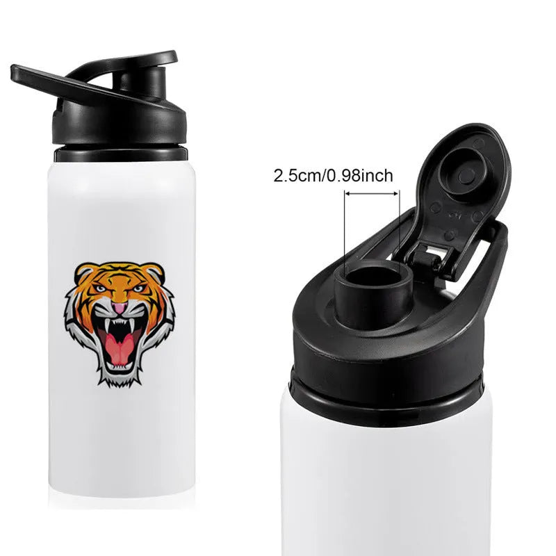 White aluminium sports water bottle shown in 600ml and 750ml capacity options.