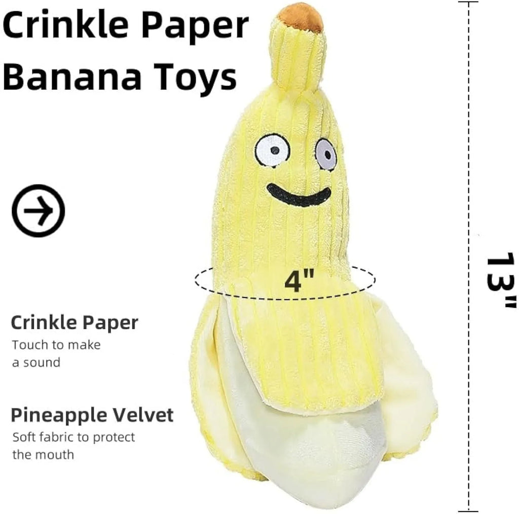 Yellow banana-shaped cat toy with soft plush fabric and crinkle paper inside