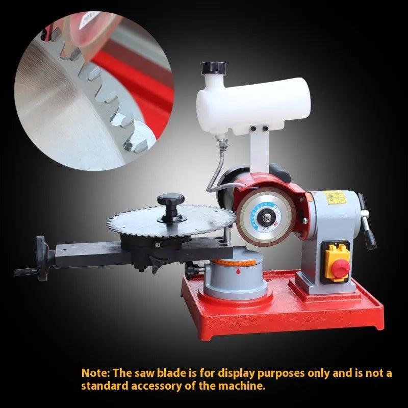 Manual sharpedge grinding machine for woodworking saw blades on a workshop bench.