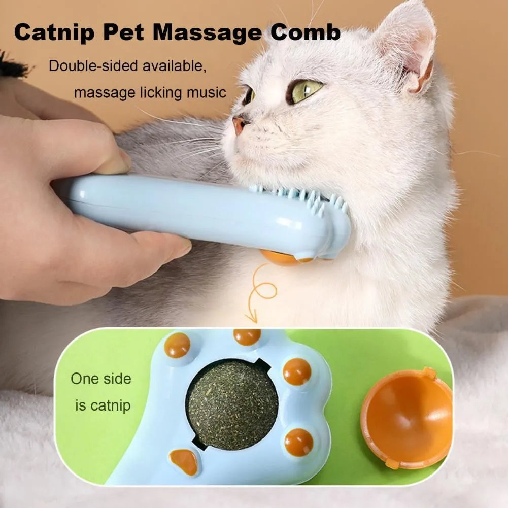 Blue cartoon-shaped cat toy with comb teeth and catnip compartment for dental care and massage grooming