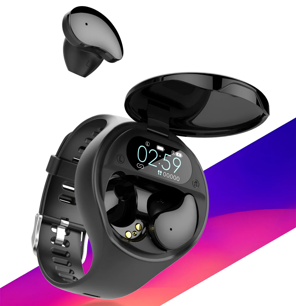 Black detachable smart watch and Bluetooth earphone combo with colour screen display