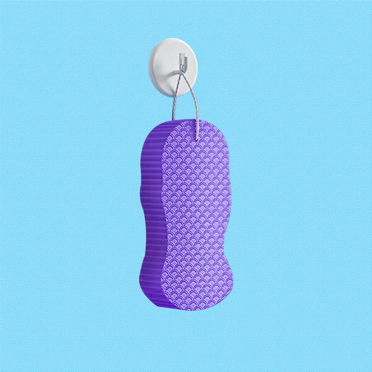 3D fish scale pattern bath sponge ball in assorted colours on a bathroom background.