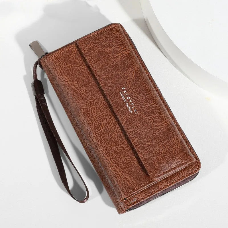 Men's black PU leather long wallet showing multiple card slots, placed next to a brown colour option.