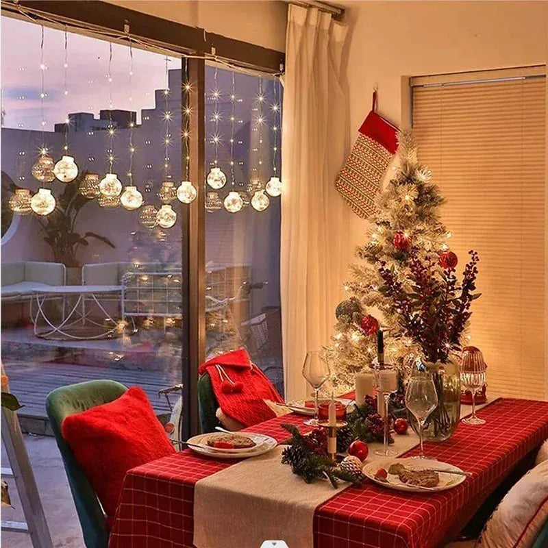LED Christmas curtain lamp set with 10 fairy light balls in snowman, tree, and Santa designs