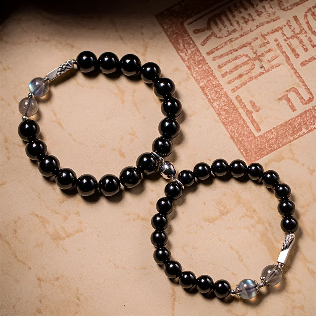 Obsidian Buddha beads couple bracelet DIY set showing 10mm men's and 8mm women's beads with national style patterns