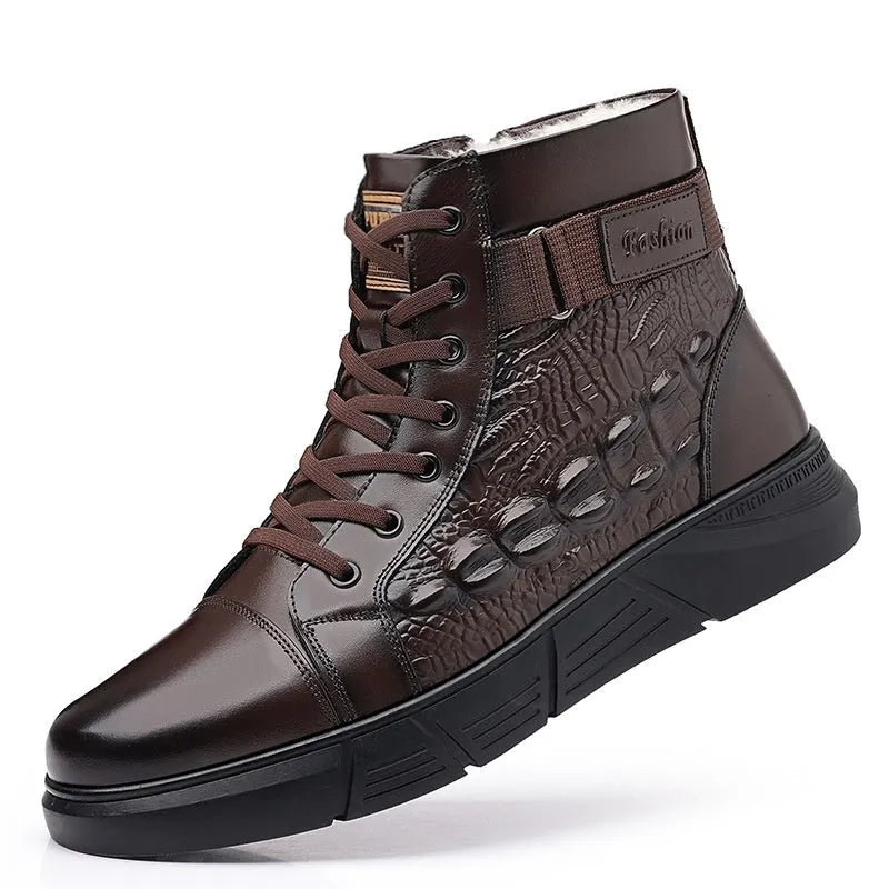Black and brown genuine leather snow boots with fur integration, rubber soles, and front lace-up closure