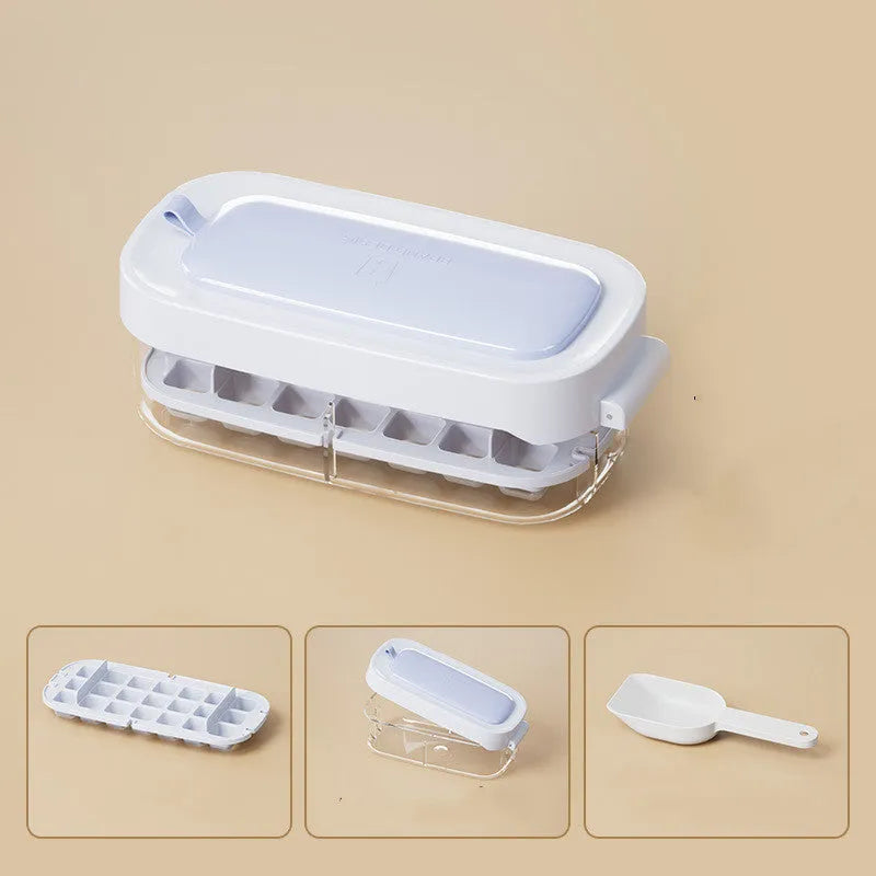 Ice cube tray with storage box and shovel in blue colour option